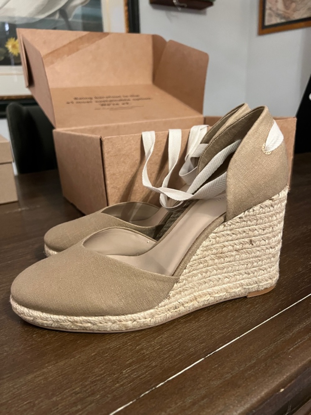Reformation Size 8 Canvas Espadrille Wedge Sandals in Taupe with Ankle Tie - Picture 6 of 8